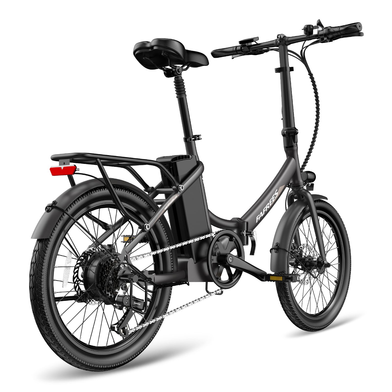 E-bike pieghevole nera con portapacchi, fanale posteriore e batteria. Marchio FAFREES.