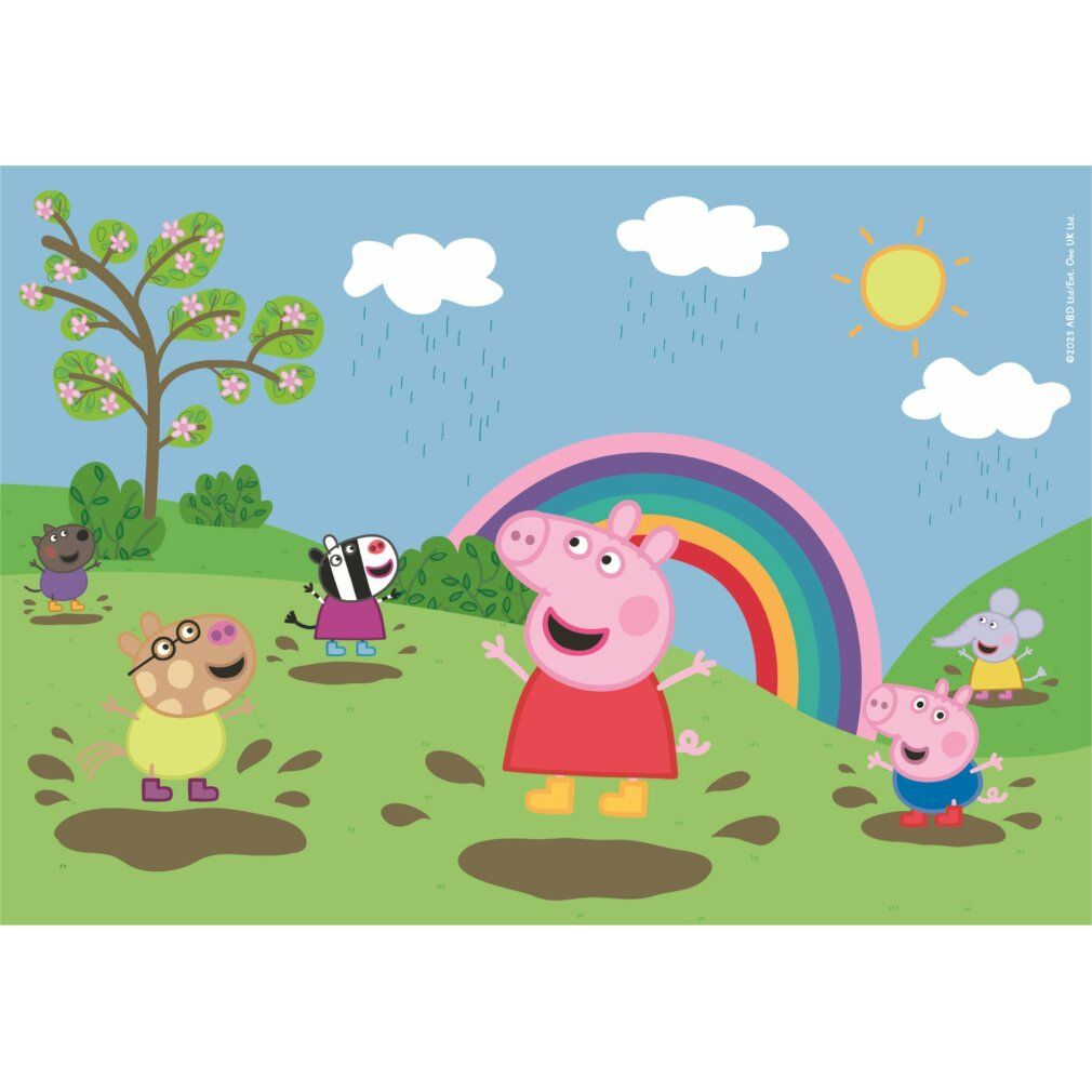 Motivo puzzle con Peppa Pig e amici. Scena con arcobaleno, sole, albero e pozzanghere. Personaggi: Peppa, zebra, topo, cane e maiale.