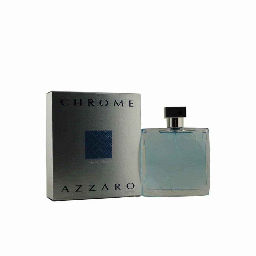 Flacone e confezione. Flacone con liquido blu, tappo argentato. Confezione con scritta "CHROME" e "AZZARO".