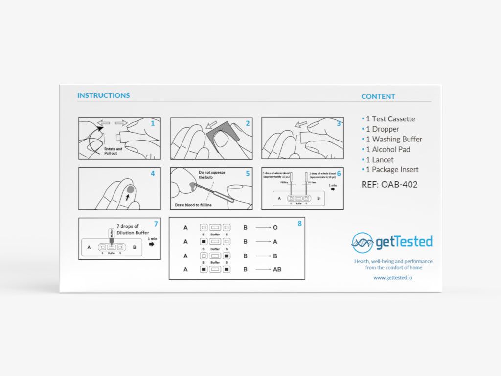 Confezione con istruzioni e contenuto. Include cassetta di test, contagocce, tampone di lavaggio, tampone alcolico, lancetta e foglietto illustrativo.