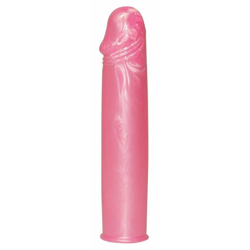 Custodia per pene rosa con superficie scanalata. Forma allungata con apertura.