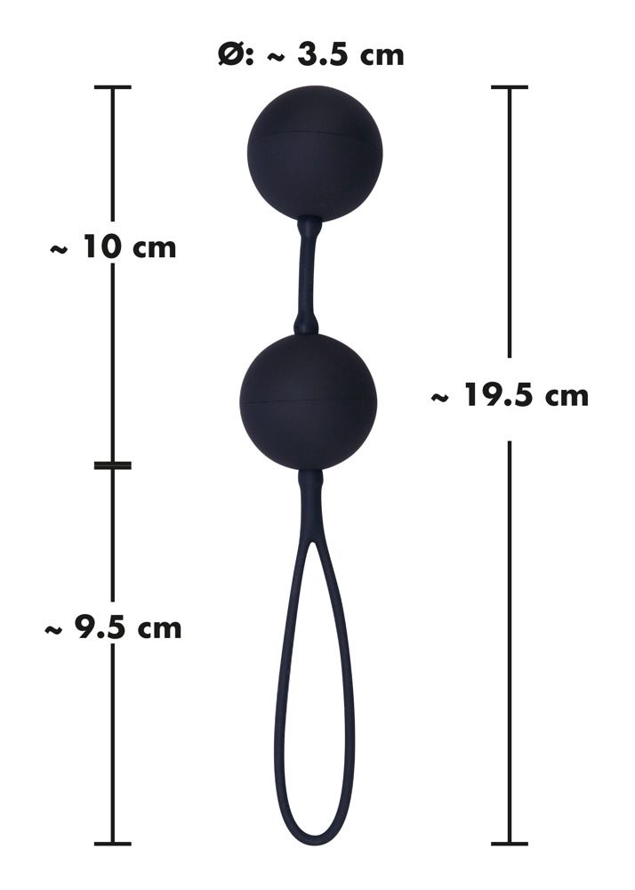 Due sfere nere collegate da un gambo e un cordino. Dimensioni: Ø 3,5 cm, 10 cm, 19,5 cm, 9,5 cm. Sfondo nero.