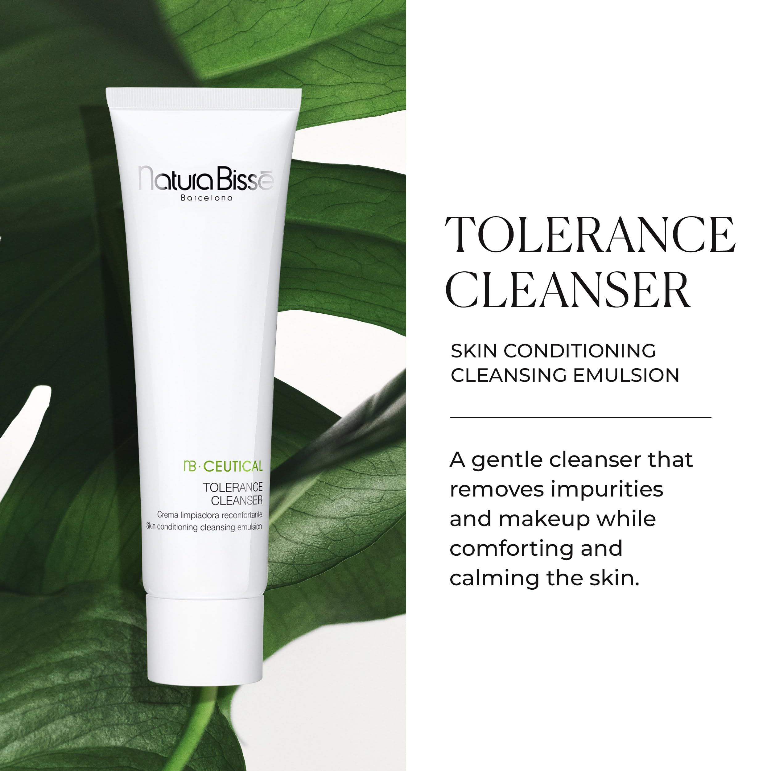 Tubo bianco "nb.ceutical Tolerance Cleanser" davanti a foglia verde. Testo: "Skin conditioning cleansing emulsion".