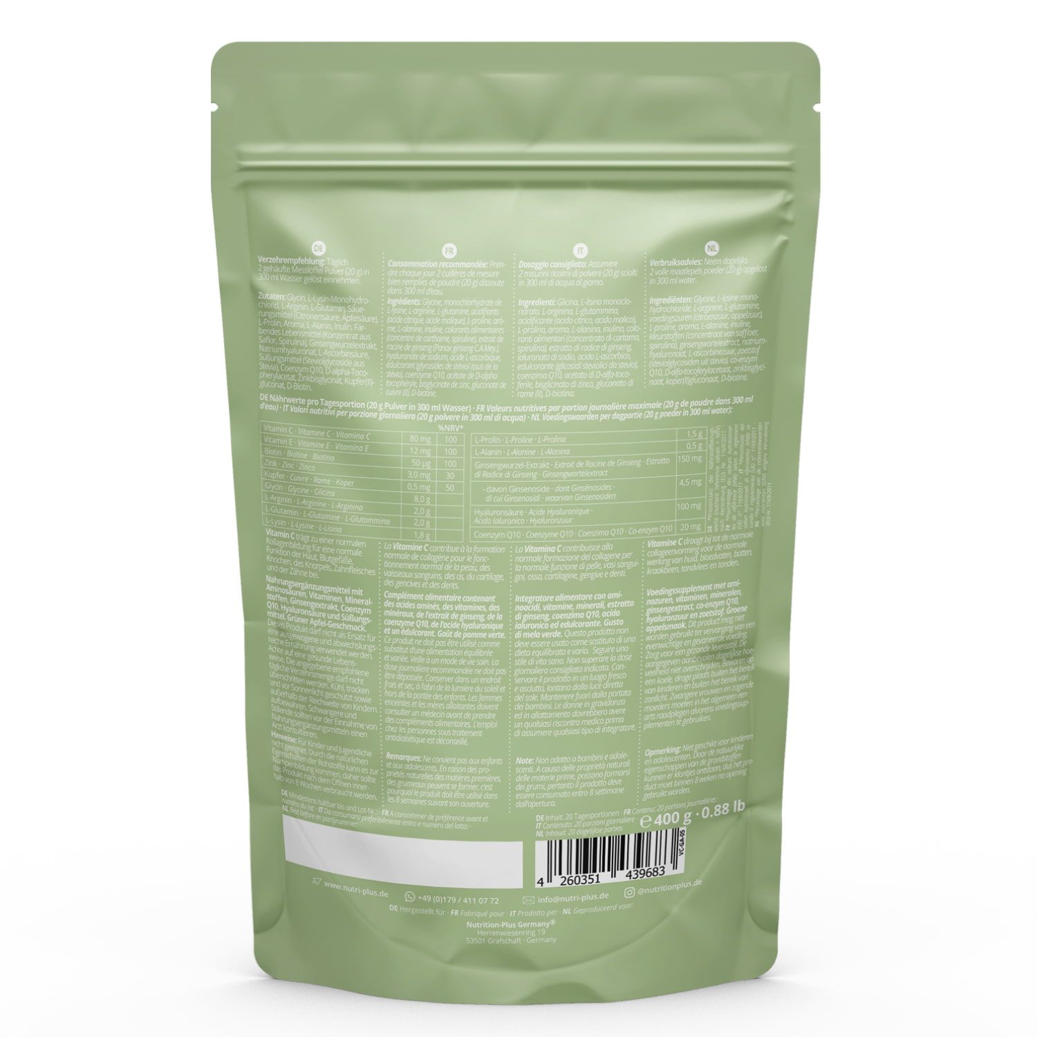 Retro di una busta verde. Testo in bianco. Contiene informazioni nutrizionali e sul prodotto.
