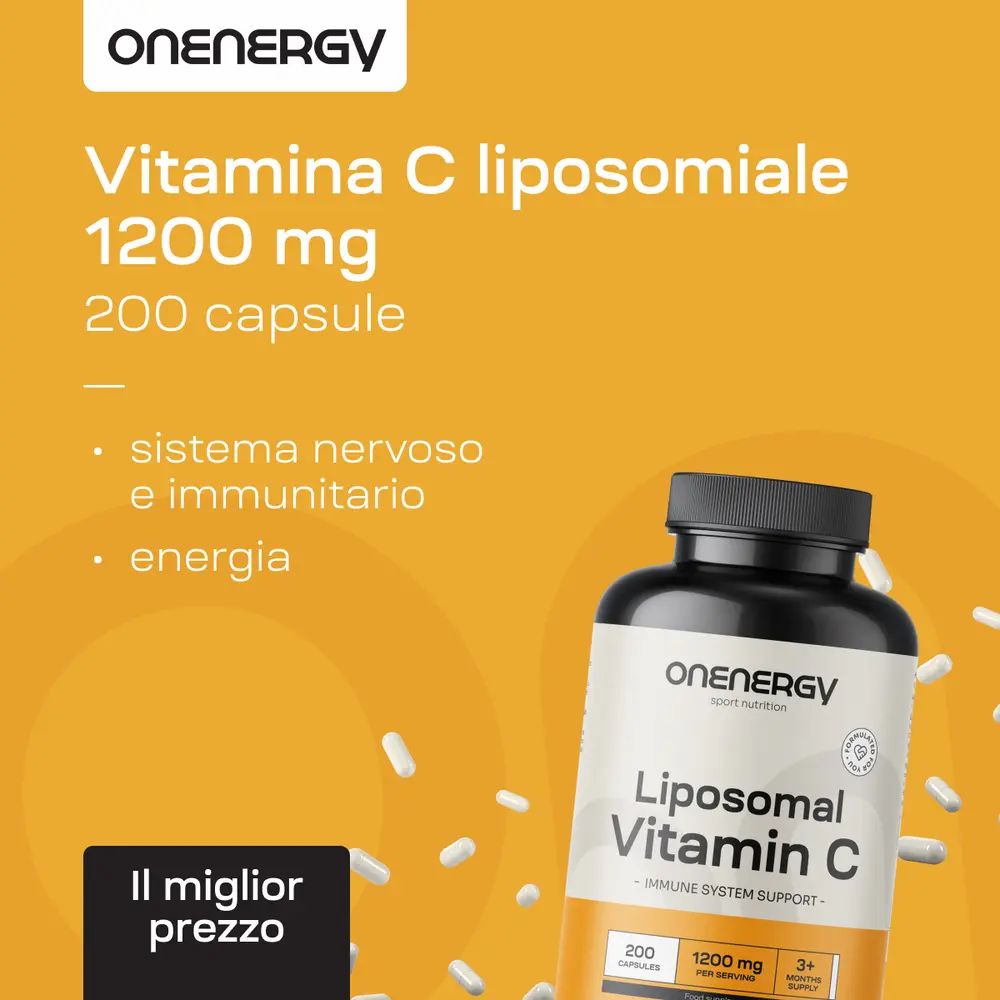Flacone OnEnergy Vitamina C liposomiale e capsule. Testo su sfondo giallo. Il miglior prezzo.