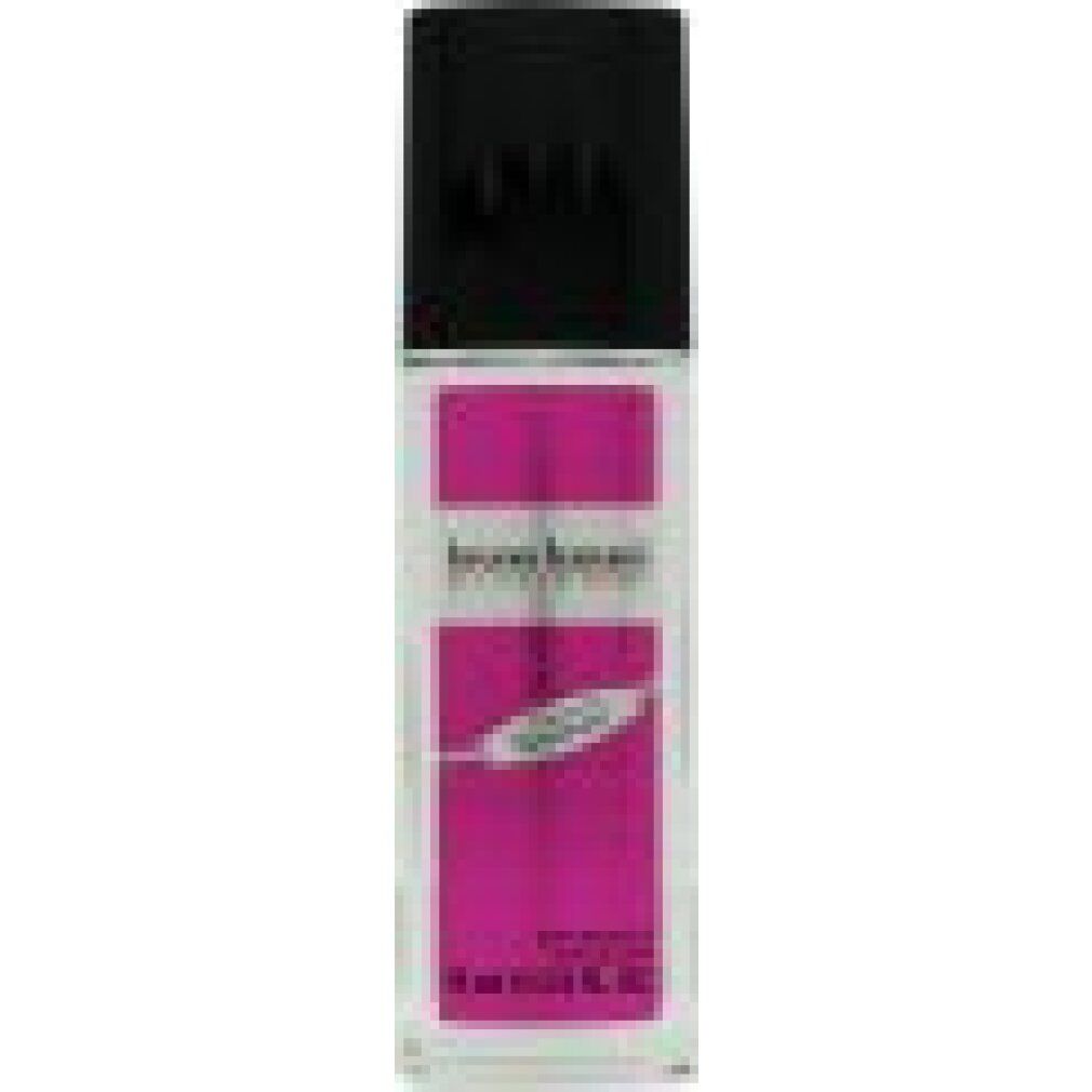 Deo Glas bruno banani Made For Women. Flacone trasparente, tappo nero, etichetta rosa con testo.