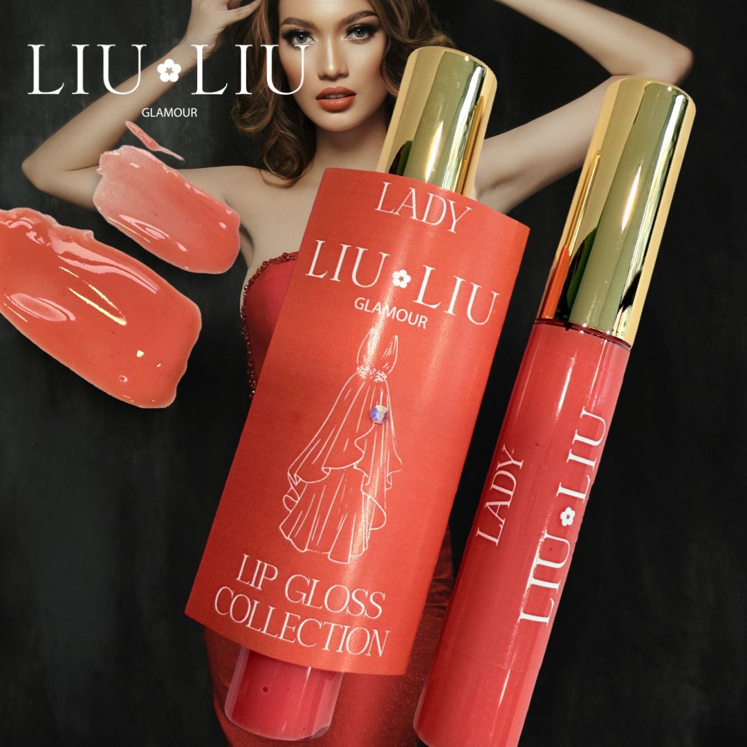 Due rossetti e confezione. Scritta "LADY LIU LIU GLAMOUR". Donna sullo sfondo.