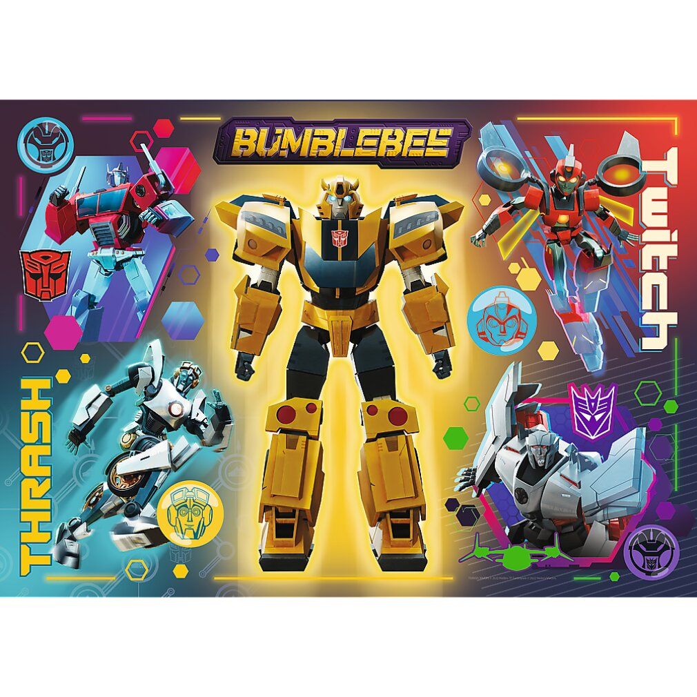 Puzzle con personaggi Transformers. Robot gialli e blu. Scritta "Bumblebees".