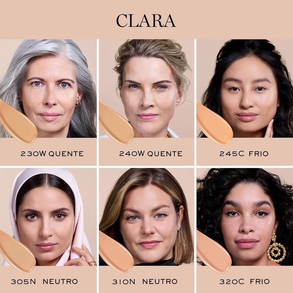 Volti con campioni di colore Lancôme Teint Idole Ultra Wear Care & Glow. Diverse tonalità di pelle, tinte 230W, 240W, 245C, 305N, 310N, 320C.