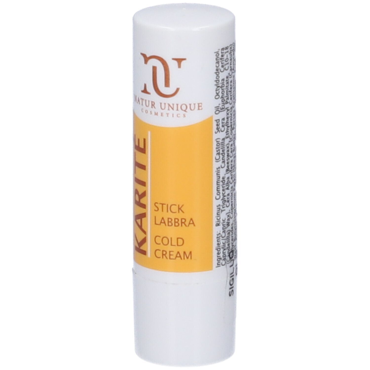 Stick labbra bianco con etichetta gialla. Contiene testo: KARITÉ, STICK LABBRA, COLD CREAM. Logo: Natur Unique Cosmetics. Ingredienti.