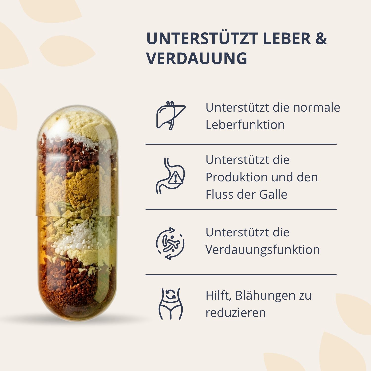 Vista dettagliata di una capsula Golden Tree Pure Cleanse con simboli per il supporto epatico e digestivo.