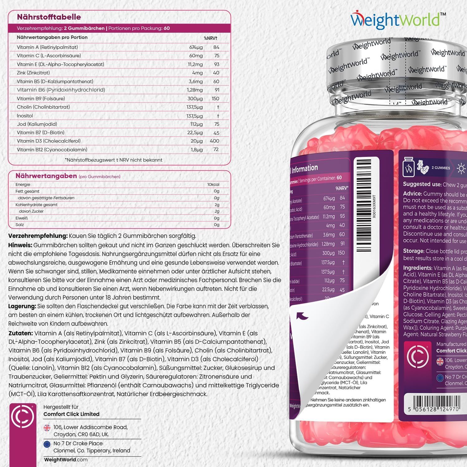 Retro delle WeightWorld Multivitamin Gummibärchen. Informazioni nutrizionali, ingredienti, istruzioni per l'uso. Comfort Click Limited.