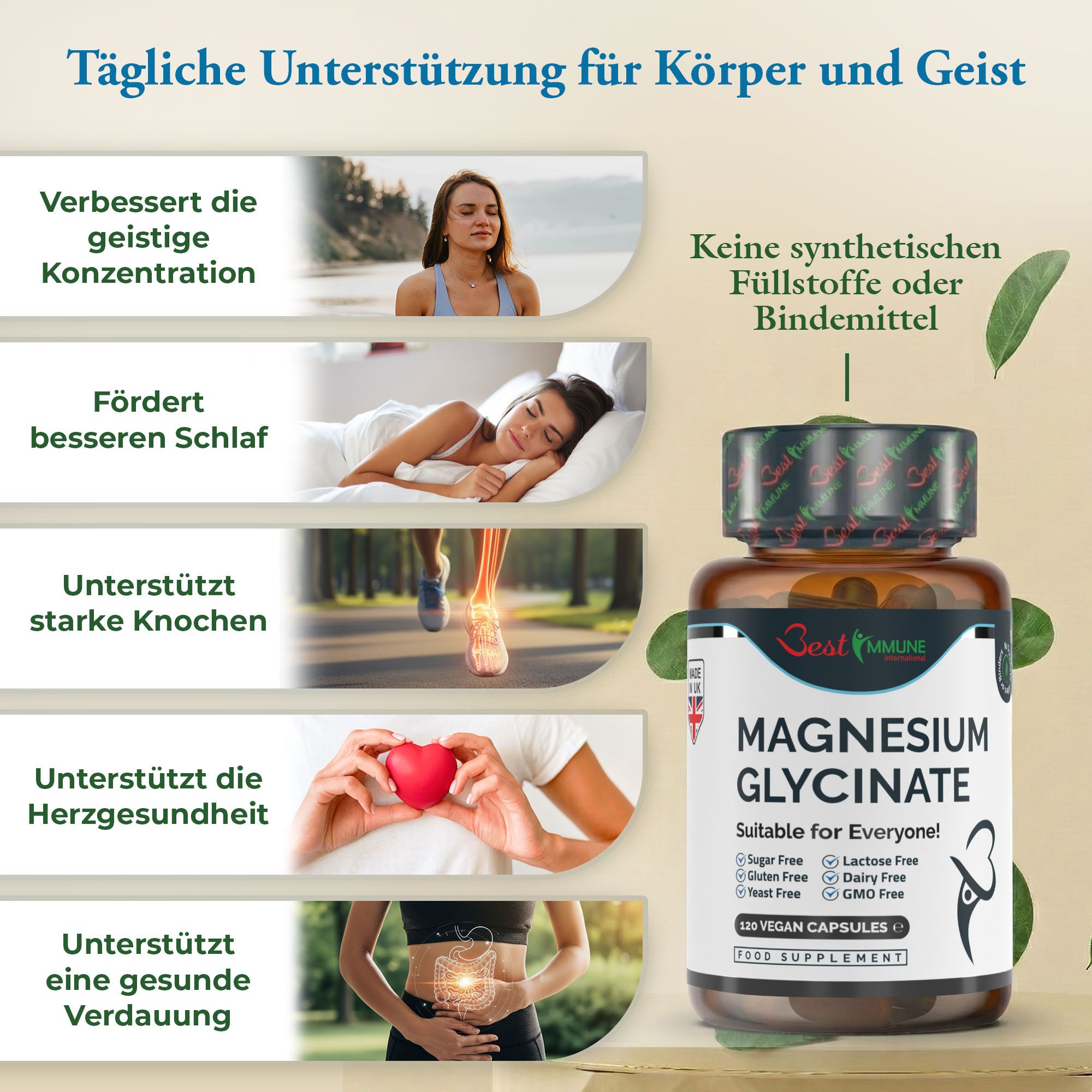 Il magnesio glicinato supporta concentrazione, sonno, ossa, cuore e digestione. Senza eccipienti sintetici.