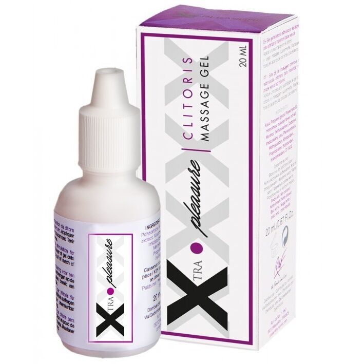 Flacone e scatola di gel massaggio clitoride Xtra Pleasure, 20 ml.