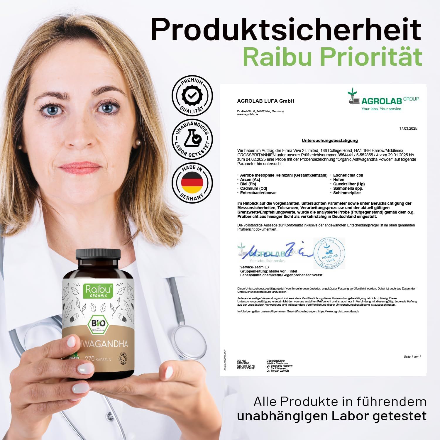 Medico con flacone. Certificati e rapporto di laboratorio. Scritta: Raibu Organic, Ashwagandha. Tutti i prodotti testati in laboratorio indipendente.