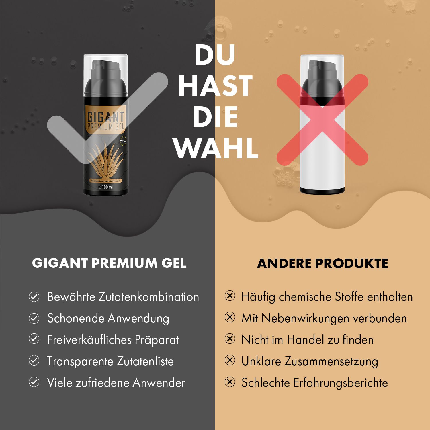 Confronto: GIGANT PREMIUM GEL (con spunta) e altro prodotto (con croce). Scritta: HAI LA SCELTA.