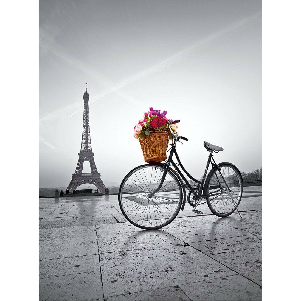 Immagine in bianco e nero: bicicletta con cesto di fiori davanti alla Torre Eiffel. Pavimentazione in primo piano.