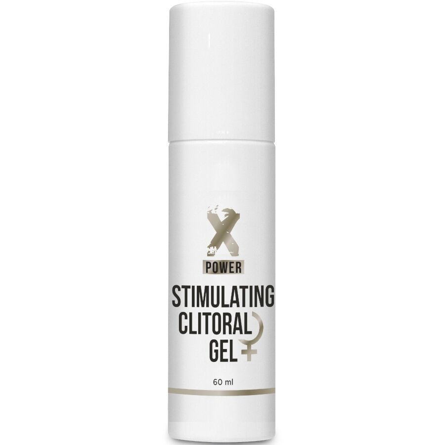 Flacone bianco con Xpower Stimulating Clitoral Gel e simbolo femminile, 60 ml.