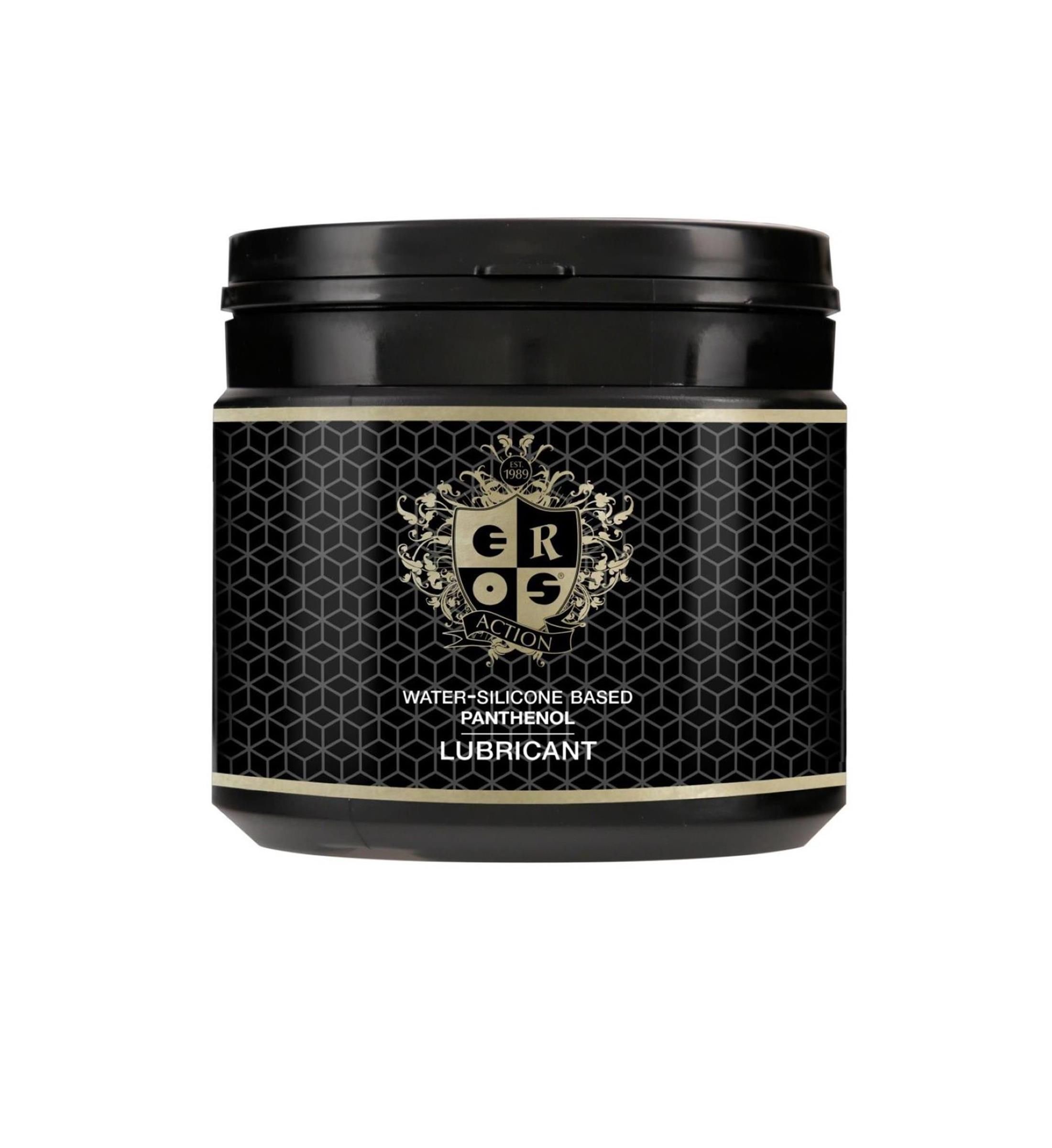 Contenitore nero con etichetta dorata. Testo: EROS Action, Water-Silicone Based, Panthenol, Lubricant.