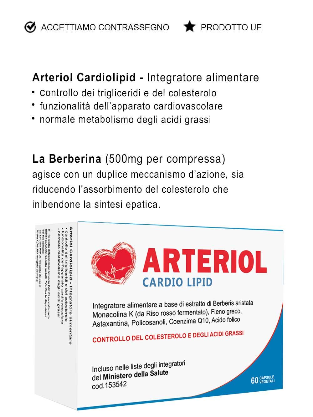 Confezione Arteriol Cardio Lipid. Testo: Controllo del colesterolo e degli acidi grassi. 60 capsule. Ingredienti.