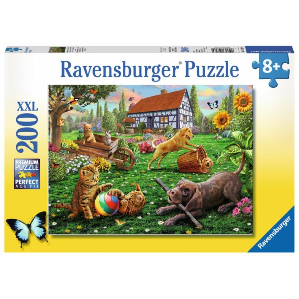 Puzzle Pz. Entdecker auf vier Pfoten 200T. Confezione Ravensburger. 200 pezzi. Da 8+. Gatti, cani, casa, giardino. Premium Puzzle Perfect Age Fit.