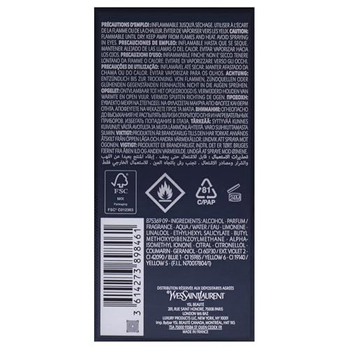 Retro della scatola. Ingredienti, avvertenze, loghi. YSL Y Intense Eau de Parfum Spray. 60 ml.