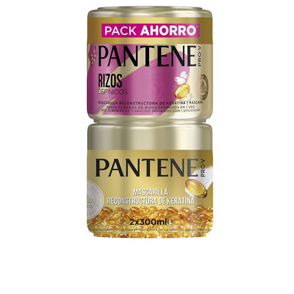 Due barattoli dorati sovrapposti. Sopra: "PACK AHORRO", "PANTENE RIZOS DEFINIDOS". Sotto: "MASCARILLA RECONSTRUCTORA DE KERATINA".