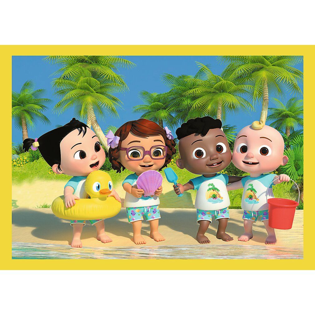 Illustrazione Cocomelon: bambini sulla spiaggia. Quattro bambini con accessori da spiaggia, tra cui un salvagente e un secchio. Palme sullo sfondo.