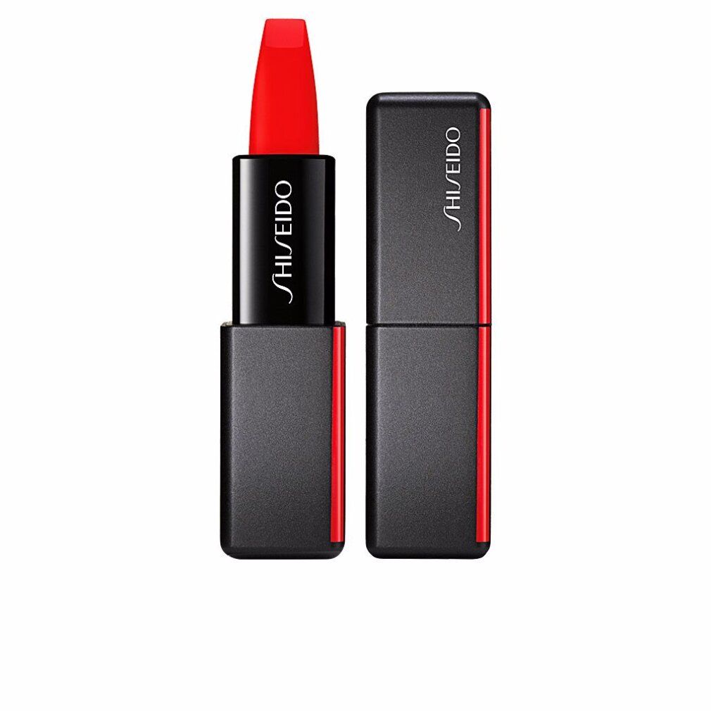 Rossetto rosso con astuccio nero e dettaglio rosso. Aperto, stick visibile. Marchio Shiseido.