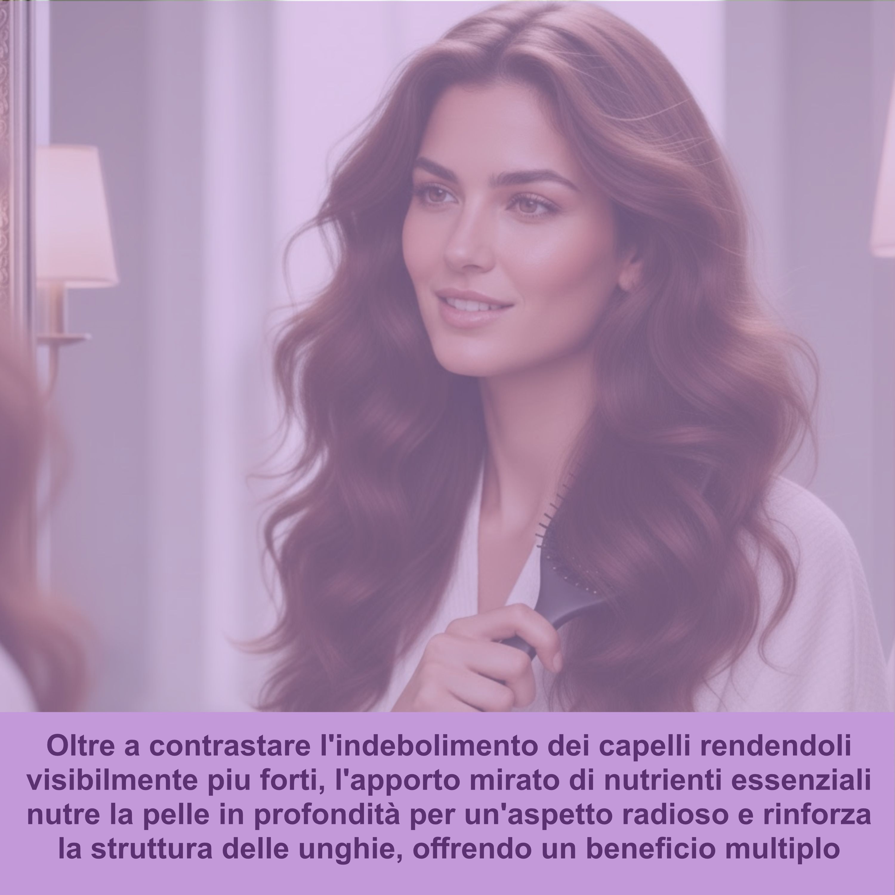 Donna con lunghi capelli mossi che si guarda allo specchio, con una spazzola. Sfondo sfocato.