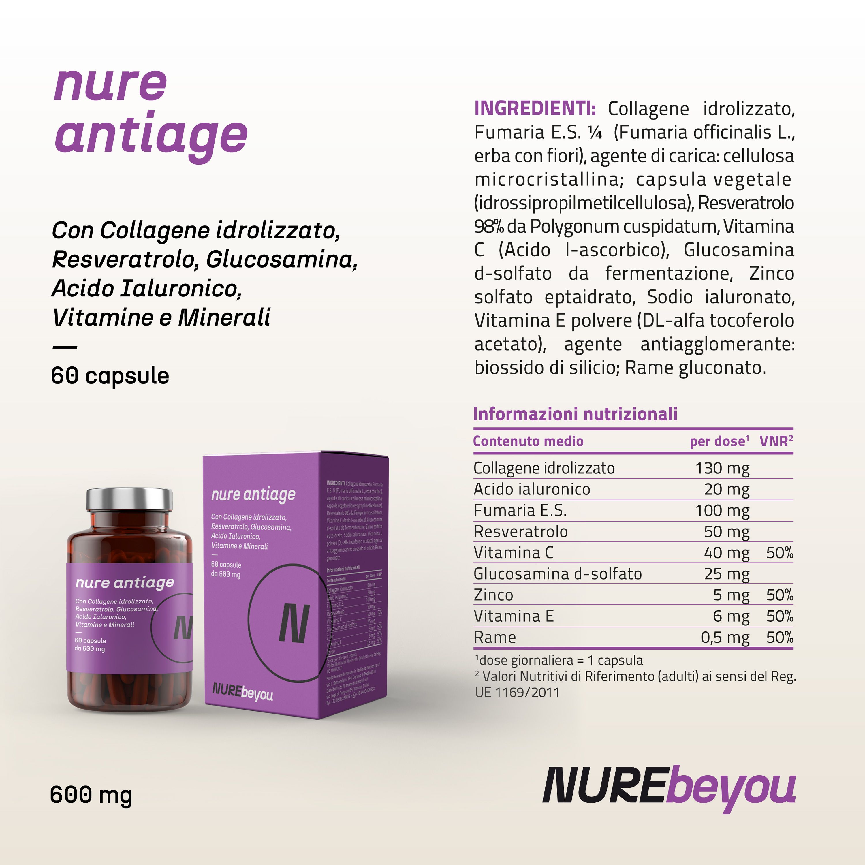 NURE Antiage 60cps | Integratore Anti-invecchiamento, integratore collagene, acido ialuronico viso