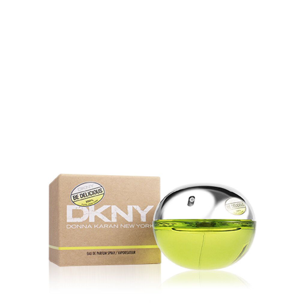 Flacone rotondo e confezione. Flacone con tappo argentato e liquido verde-giallo. Confezione con logo DKNY Be Delicious.