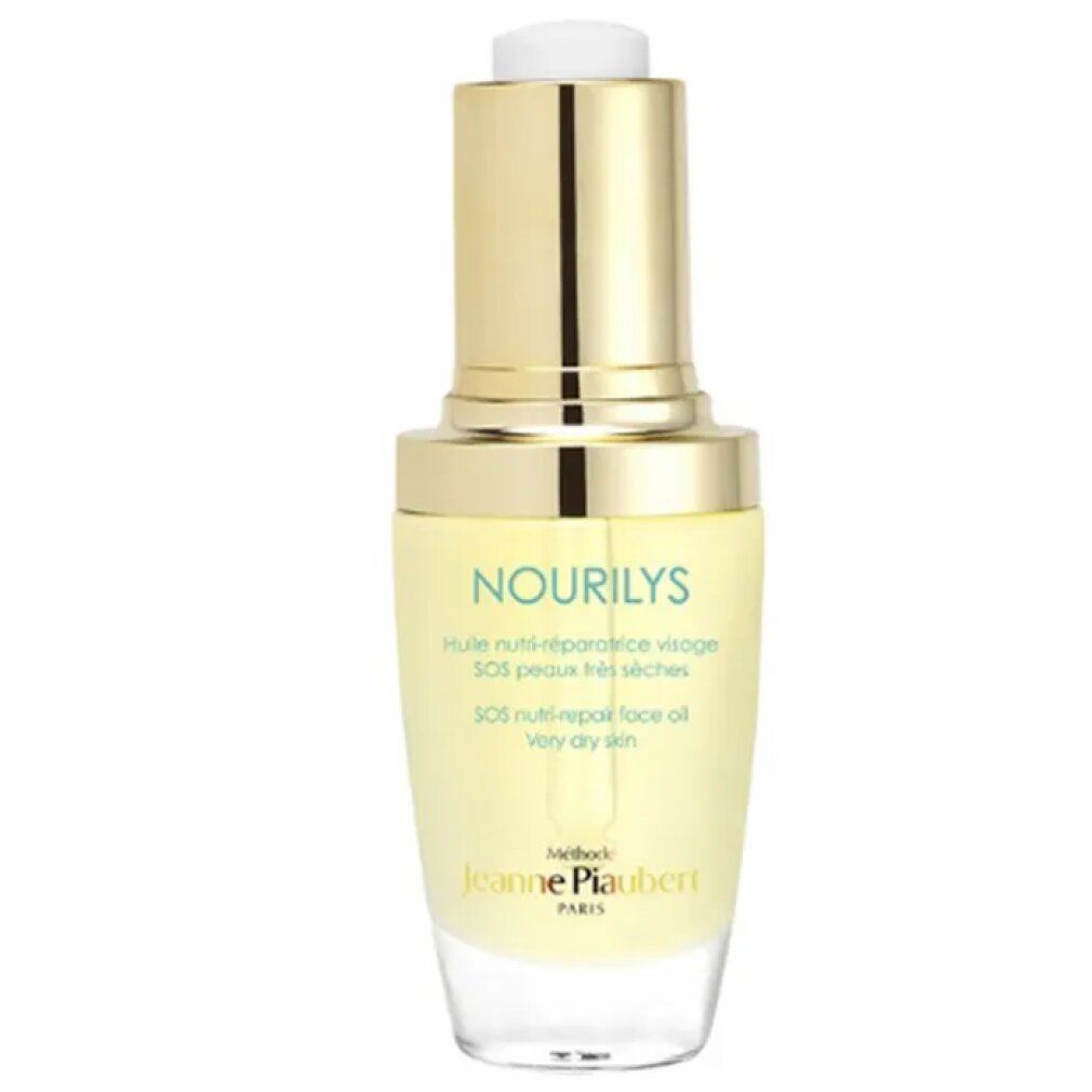 Flacone di olio per il viso con tappo dorato e contagocce bianco. Scritta: NOURILYS, SOS nutri-repair face oil.