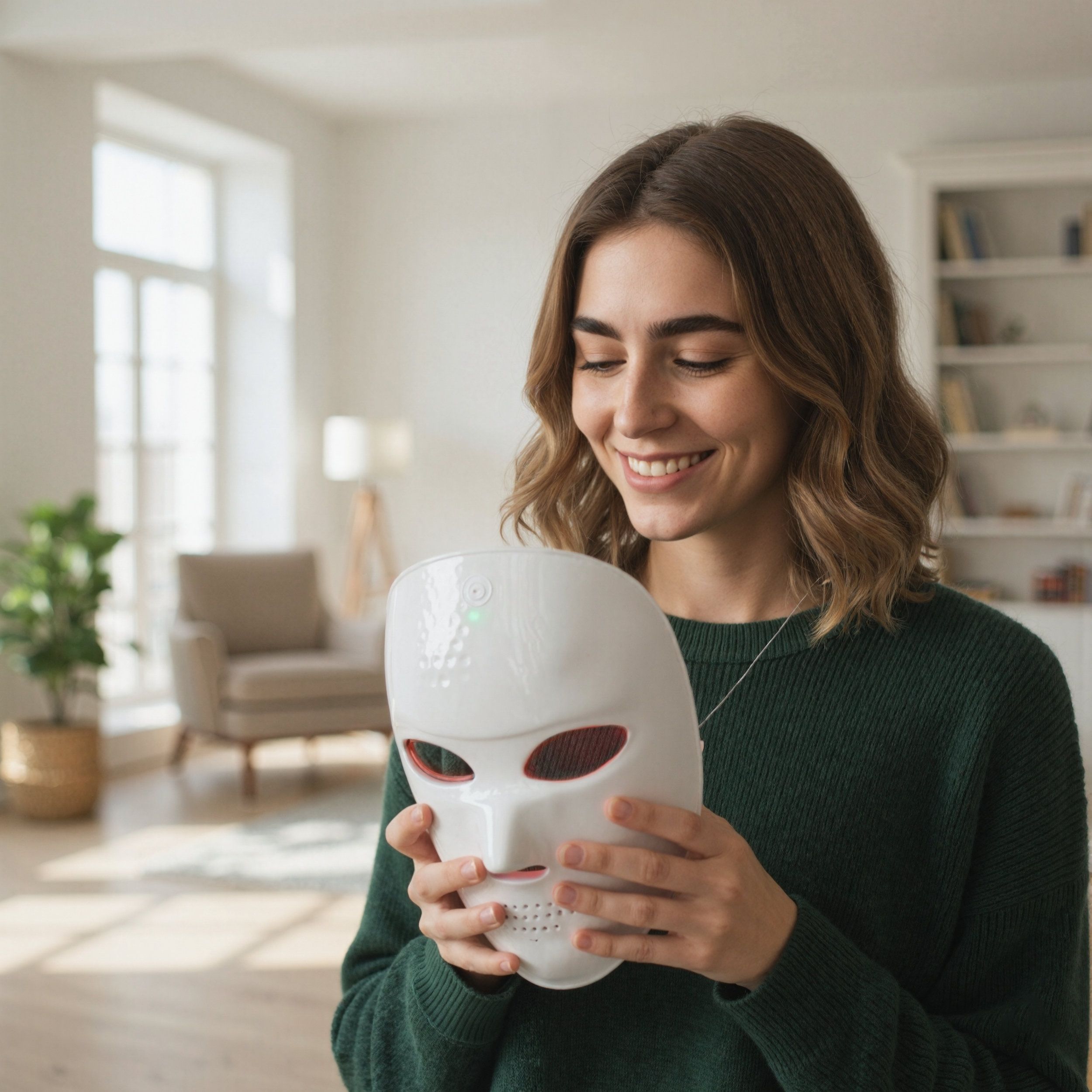 Maschera facciale a LED bianca tenuta da una donna. Superficie a nido d'ape, aperture per occhi, naso e bocca.