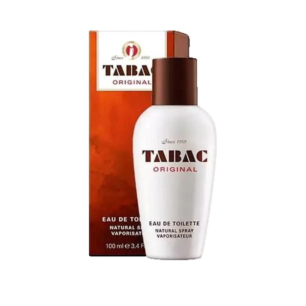 Tabac Original Eau de Toilette. Flacone bianco con tappo marrone e confezione. Testo: Tabac Original, Eau de Toilette.