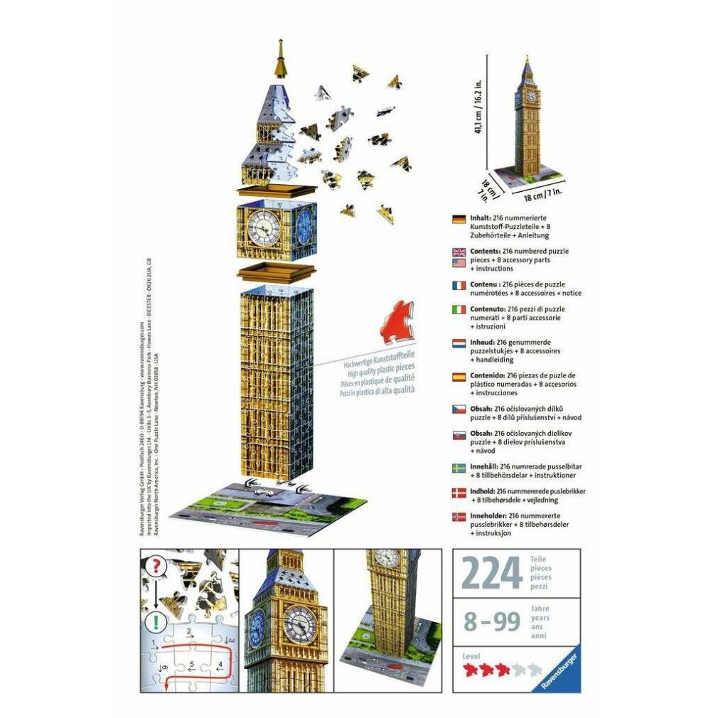 Esploso del puzzle 3D Big Ben. Pezzi, istruzioni, modello finito. 224 pezzi, 8-99 anni.