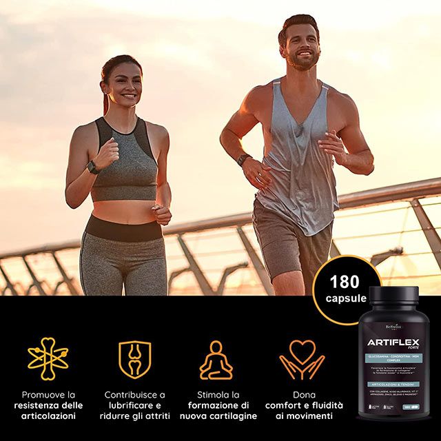 Due corridori. Immagine del prodotto ArtiFlex Forte. 180 capsule. Testo: Favorisce la resistenza articolare, riduce l'attrito.
