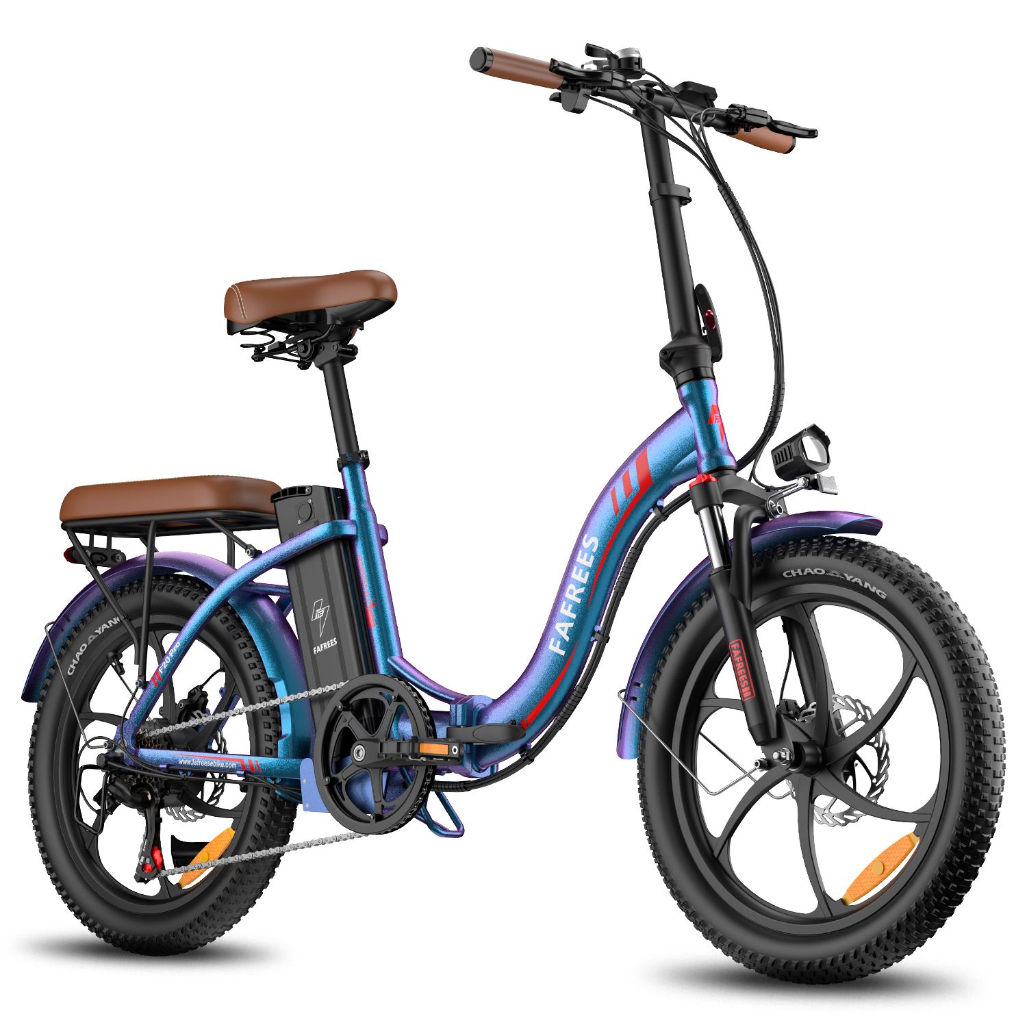 Bicicletta elettrica FAFREES F20 Pro blu. Sella e manopole marroni. Pneumatici e componenti neri.