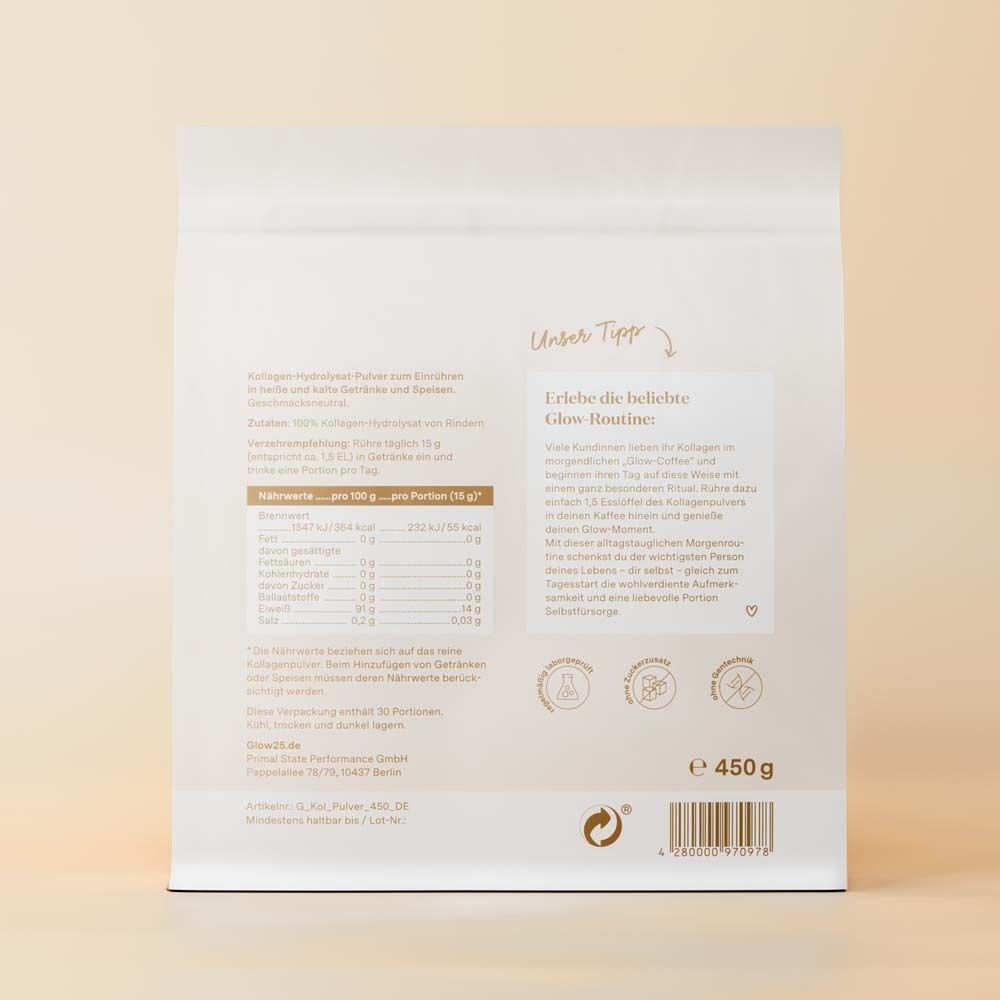 Confezione di Glow25 Kollagen Pulver. Retro con informazioni nutrizionali, testo e loghi. 450 g.