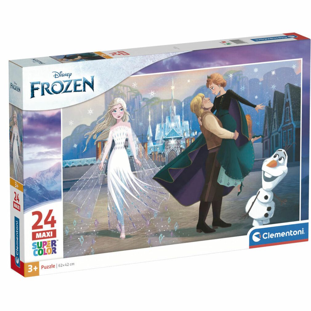 Scatola puzzle Frozen. Contiene 24 maxi pezzi. Marchio: Clementoni. Età consigliata: 3+. La confezione mostra Elsa, Anna, Kristoff e Olaf.