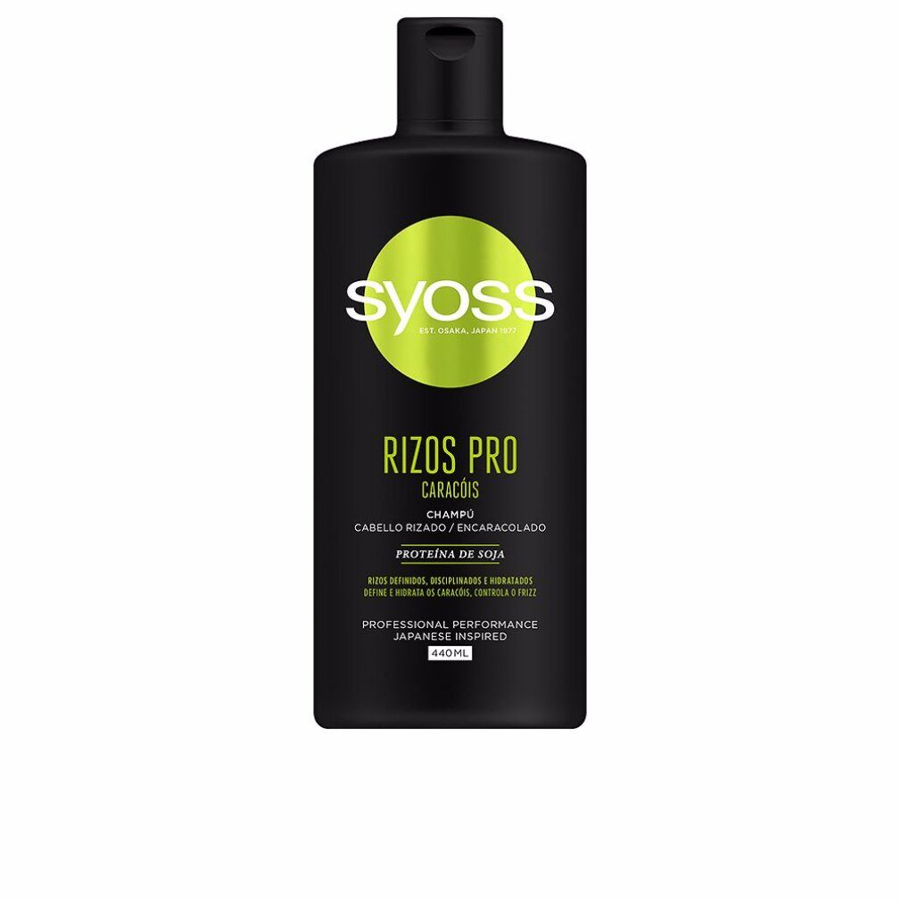 Flacone di shampoo nero con etichetta verde. Scritta: Syoss, Rizos Pro, Champú, Proteína de Soja. Per capelli ricci.