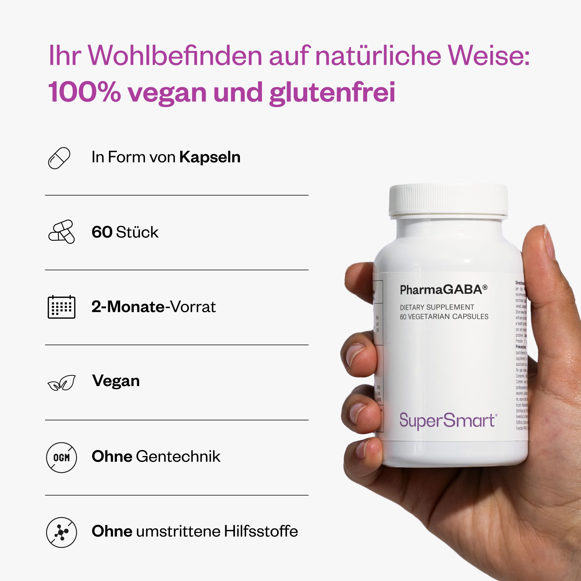Integratore alimentare PharmaGABA in capsule, 60 pezzi, vegano, senza OGM.