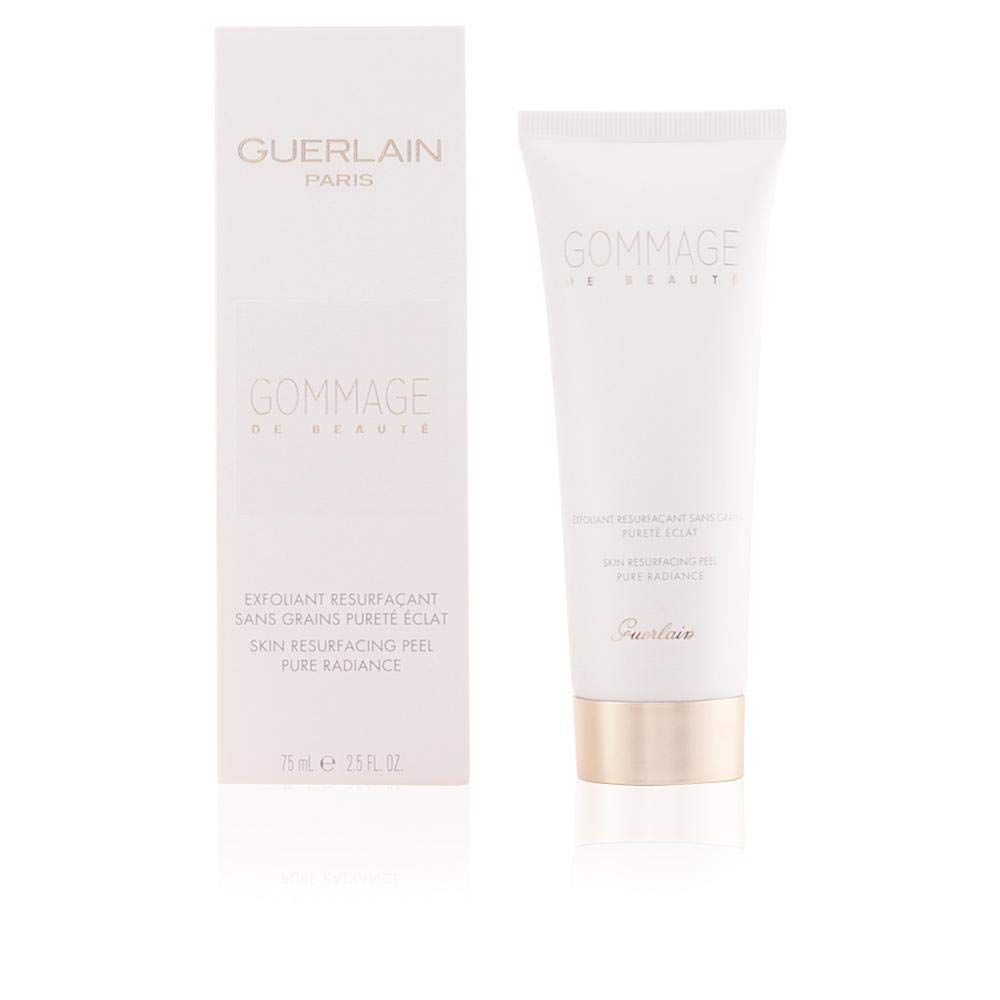 Tubo e scatola bianchi. Scritta Guerlain Paris, Gommage de Beauté. Testo e indicazione volume. Base dorata.