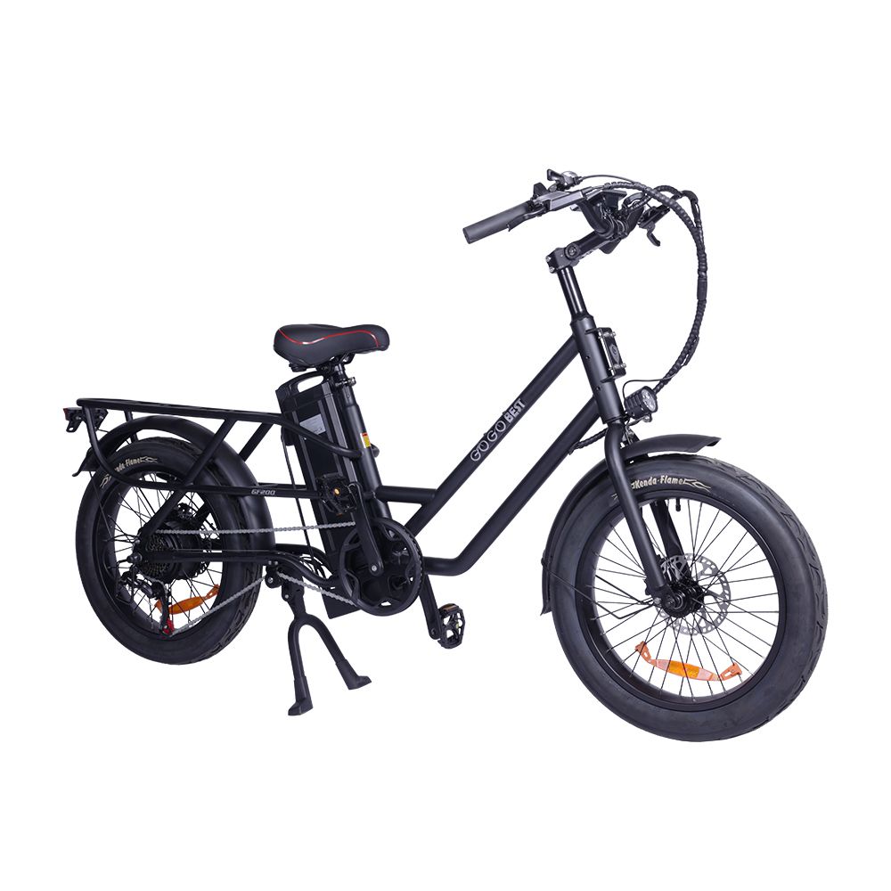 E-bike da carico nera. Visibili: batteria, sella, manubrio, pneumatici. Scritta: GOGOBEST. Freni e pedali.