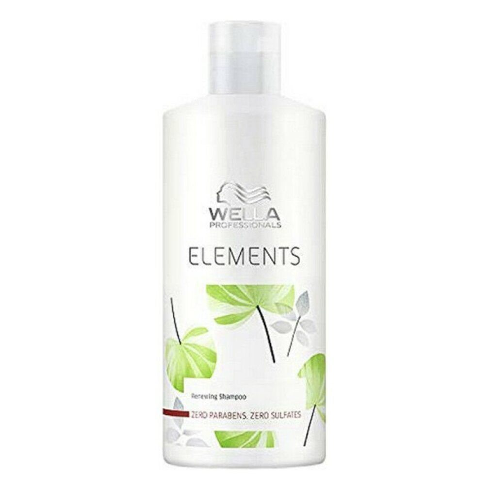 Flacone di shampoo bianco con motivo a foglie verdi. Scritta: Wella Elements, Shampoo rinnovatore, Zero parabeni, Zero solfati.