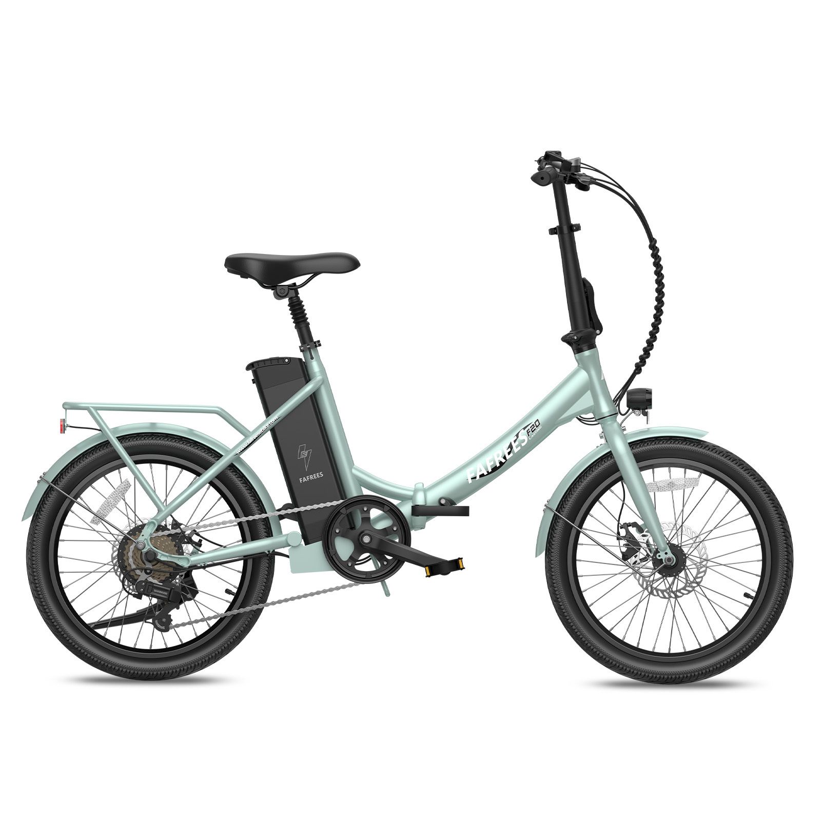 E-bike Fafrees F20 verde chiaro. Pneumatici, sella e manubrio neri. Batteria sul telaio. Portapacchi posteriore.