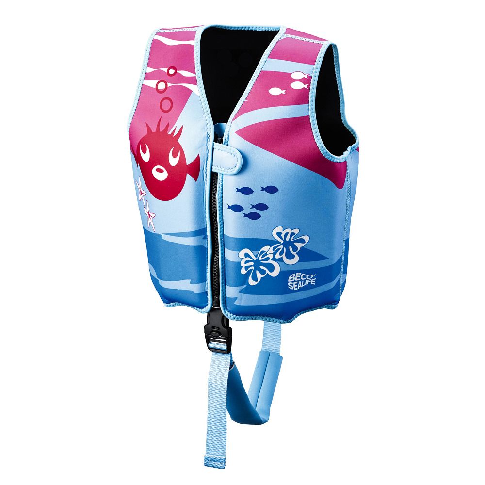 Gilet di salvataggio blu/rosa con motivo pesce, cerniera e fibbia. Marchio BECO SEALIFE.