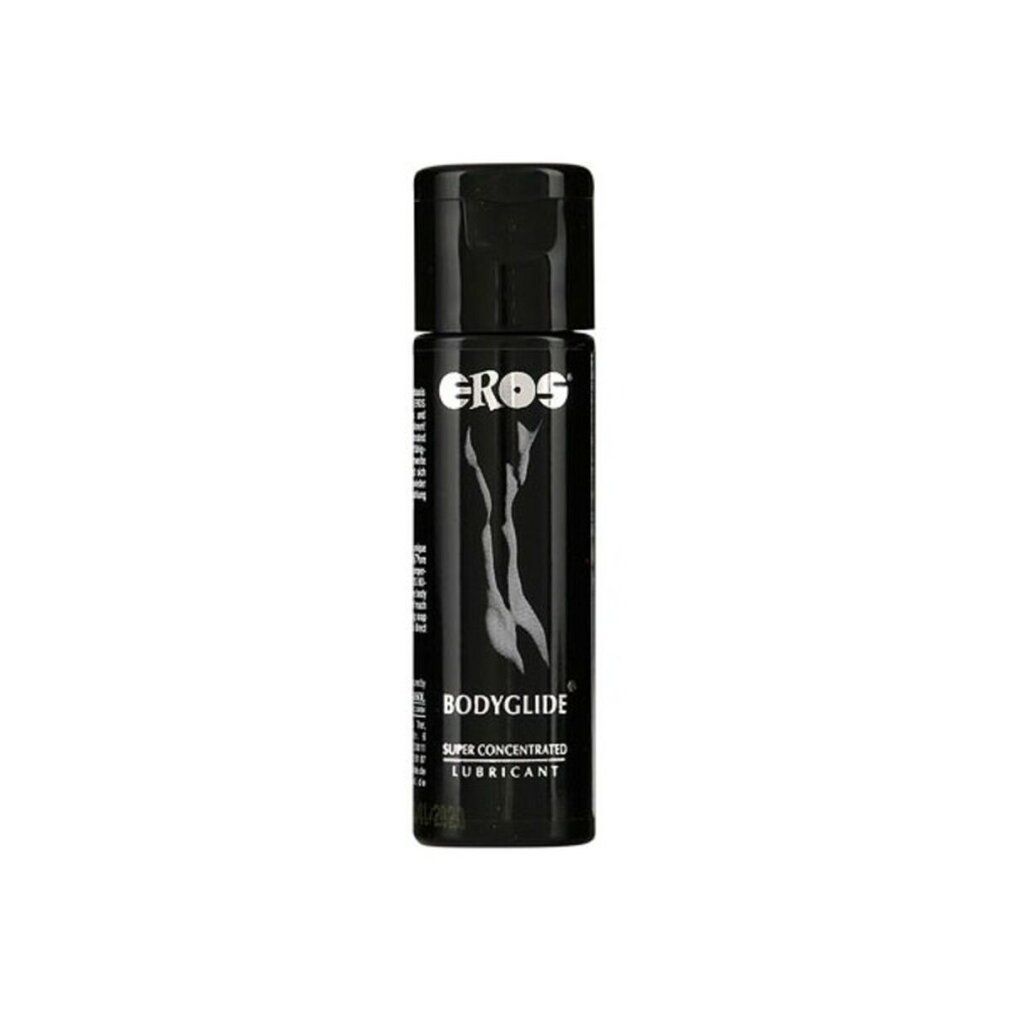 Flacone nero con tappo nero. Scritta: EROS, BODYGLIDE, SUPER CONCENTRATED LUBRICANT. Illustrazione di una donna.