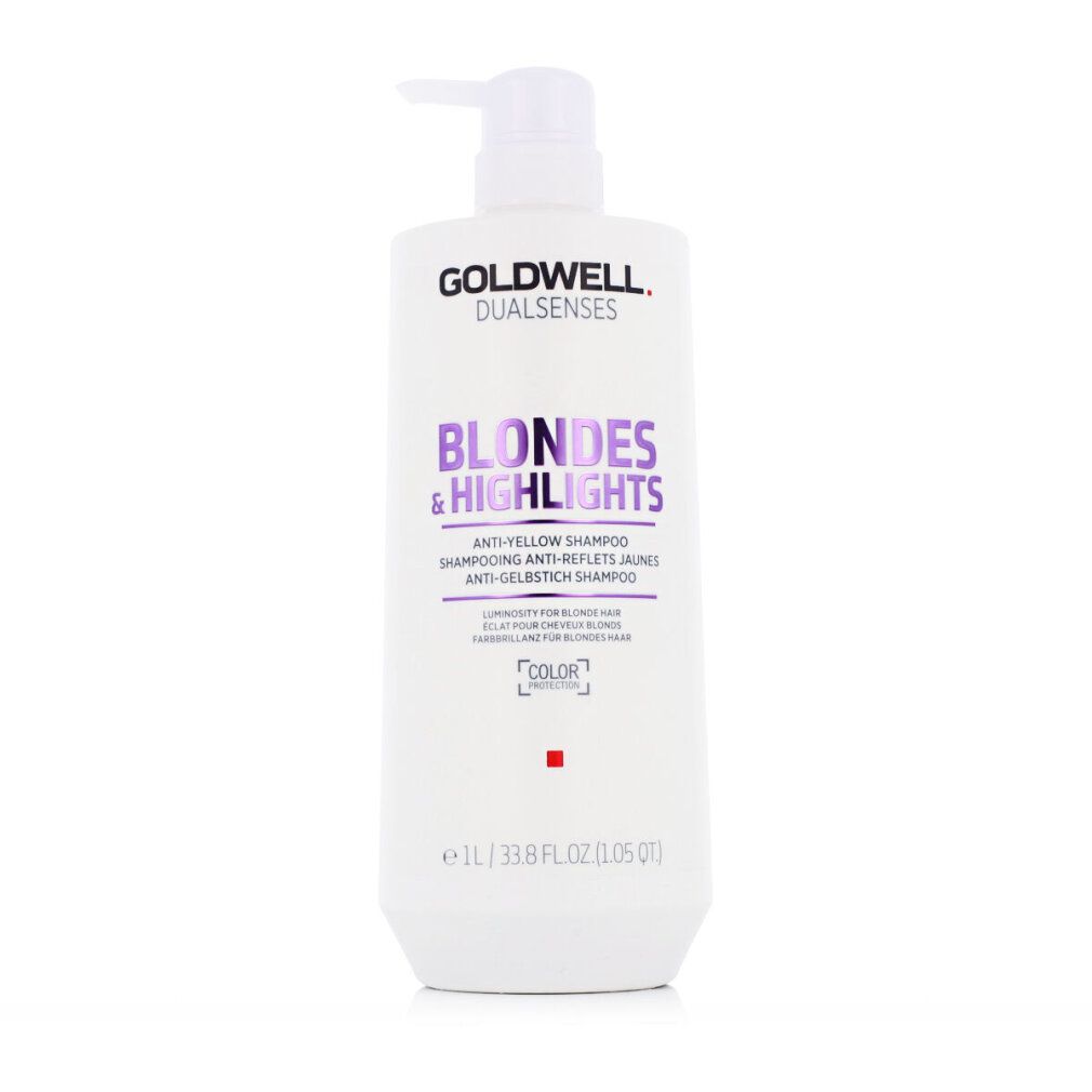 Flacone bianco Goldwell Shampoo con pompa. Scritta: Blondes & Highlights, Shampoo anti-giallo. 1L.