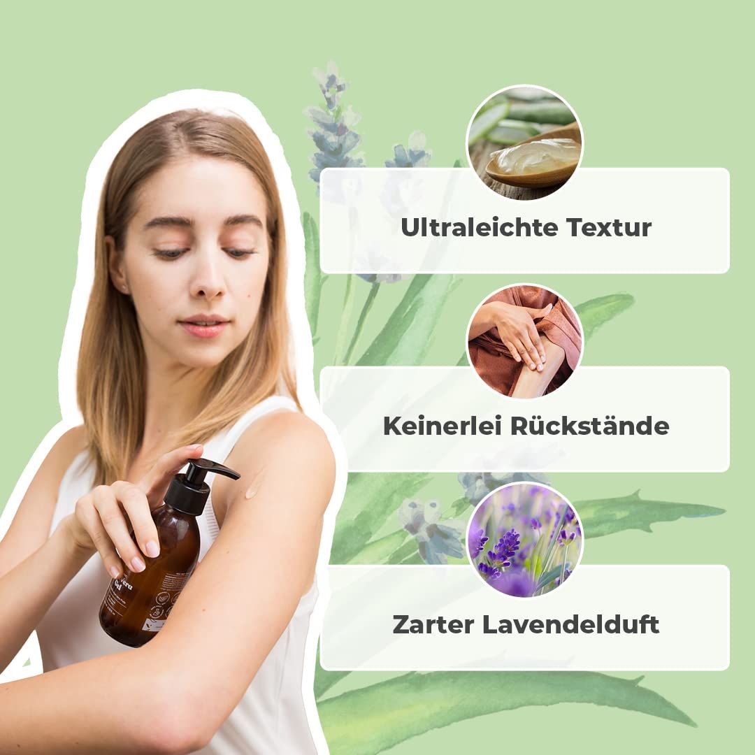 Donna applica gel Bionoble Bio Aloe Vera sul braccio. Flacone in vetro marrone con pompa. Infografica delle proprietà.